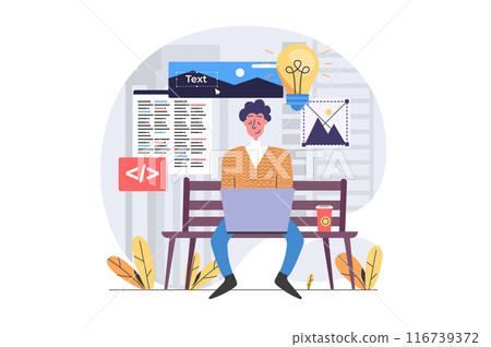 Freelance concept in modern flat design for web. Man freelancer working online and sitting at park bench, brainstorming and programming new product, developing software outdoor. Vector illustration. 116739372