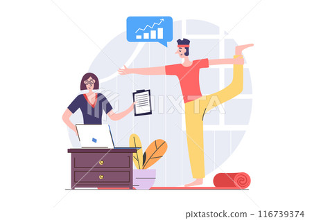 Freelance concept in modern flat design for web. Man freelancer working online while doing yoga training, making distant tasks and analyzing graphs, connecting with manager. Vector illustration. 116739374