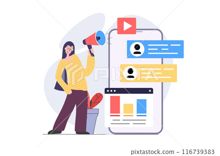 Digital marketing concept in modern flat design for web. Woman with megaphone making promotion for audience in mobile social media app, analyzing data and campaign analytics. Vector illustration. 116739383