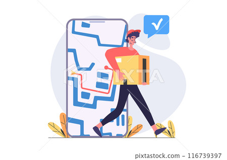 Delivery concept in modern flat design for web. Man courier shipping parcel box and distributing orders to client at home with online route tracking service in mobile application. Vector illustration. 116739397