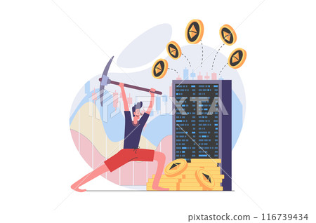 Cryptocurrency mining concept in modern flat design for web. Man miner with pick works with digital farm, gets different crypto money at wallet, selling coins at marketplace. Vector illustration. Cryptocurrency mining concept in modern flat design for web. Man miner with pick works with digital farm, gets different crypto money at wallet, selling coins at marketplace. Vector illustration. 116739434