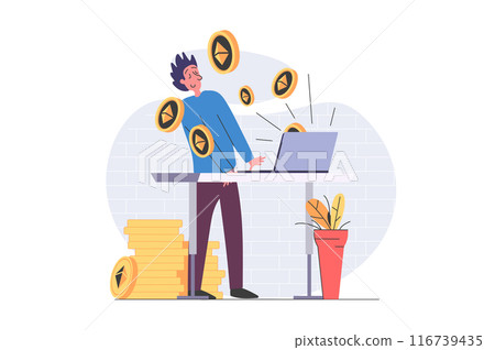 Cryptocurrency mining concept in modern flat design for web. Man works with digital farm at laptop and gets different crypto money, selling digital coins at virtual marketplace. Vector illustration. Cryptocurrency mining concept in modern flat design for web. Man works with digital farm at laptop and gets different crypto money, selling digital coins at virtual marketplace. Vector illustration. 116739435