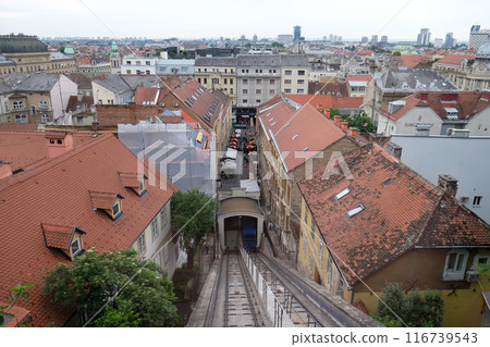 Historic lower town architecture rooftops and funicular connecting the Ilica Street with Strossmayer Promenade, Zagreb Croatia Historic lower town architecture rooftops and funicular connecting the Ilica Street with Strossmayer Promenade, Zagreb Croatia 116739543