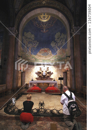Pilgrims praying in the Basilica of Agony or Church of All Nations in the Garden of Gethsemane, Jerusalem, Israel Pilgrims praying in the Basilica of Agony or Church of All Nations in the Garden of Gethsemane, Jerusalem, Israel 116739804