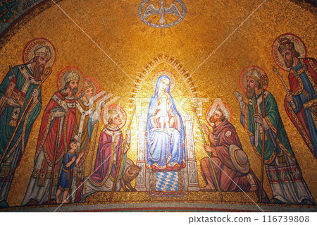 Mosaic of Madonna among the saints over a side altar inside the the Church of the Benedictine Abbey of the Dormition, Mount Zion, Jerusalem, Israel 116739808