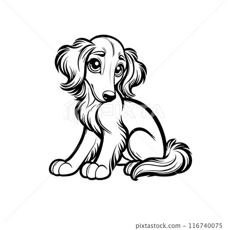Adorable long-haired dog sitting with a sweet, endearing expression. Perfect for coloring books, nursery decor, greeting cards, educational materials. Black and white line art. Vector illustration 116740075
