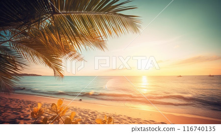 Tropical summer seascape with palm leaves, beach and paradise ocean on sunset. Generative AI 116740135