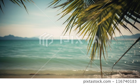 Tropical summer seascape with palm leaves, beach and paradise ocean. Vacation and travel backdrop. Generative AI 116740183