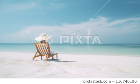 Woman relaxing on tropical beach against paradise ocean. Summer seascape with palm leaves. Generative AI 116740190