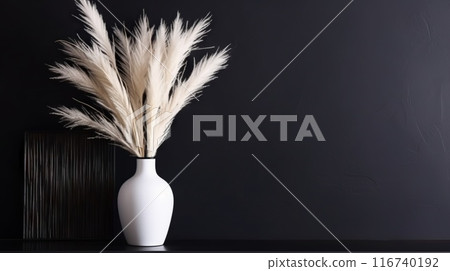 Vase with decorative plant branch against black wall background. Minimalist interior mockup. Generative AI 116740192