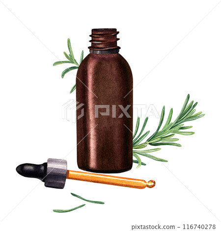 Composition with rosemary branch and open brown glass bottle with dropper, pipette for essential, cosmetic oil. Hand drawn watercolor illustration isolated on white. For clip art template label 116740278