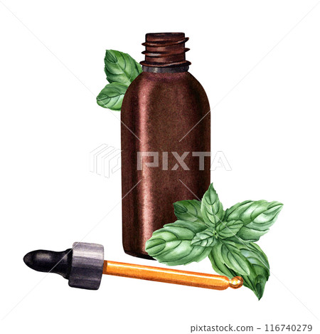 Composition with basil branch and open brown glass bottle with dropper, pipette for essential, cosmetic oil. Hand drawn watercolor illustration isolated on white. For clip art template label 116740279