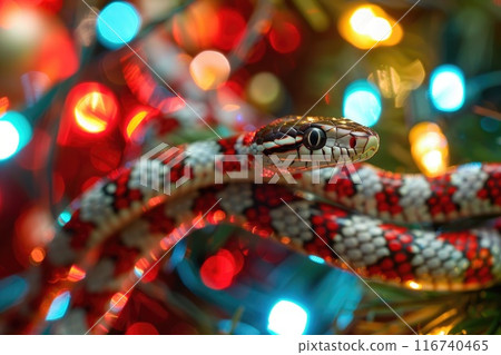 Close-Up of a Snake Amongst Sparkling Christmas Lights and Decorations Close-Up of a Snake Amongst Sparkling Christmas Lights and Decorations 116740465