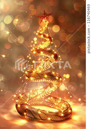 Snake Entwined in Festive Christmas Tree with Twinkling Lights 116740469