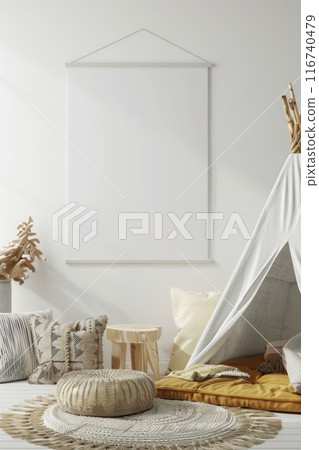 Cozy Children's Playroom with Teepee Tent and Framed Blank Canvas on Wall Cozy Children's Playroom with Teepee Tent and Framed Blank Canvas on Wall 116740479