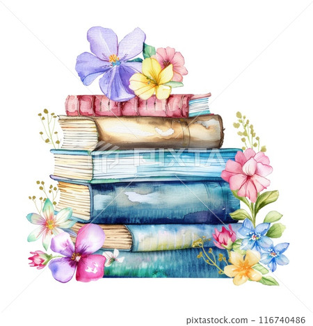 Stack of Books with Floral Background in Watercolor Art 116740486