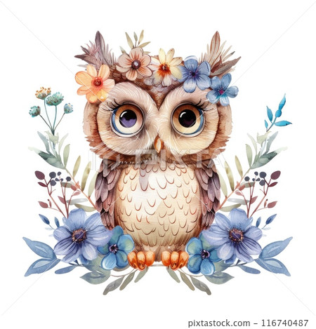 Watercolor Owl with Floral Elements in Vintage Style 116740487