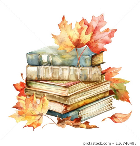 Watercolor Autumn Books with Colorful Leaves and Acorns 116740495