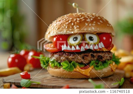Creative and Fun Cartoon Character Burgers with Fresh Vegetables on a Wooden Board 116740518