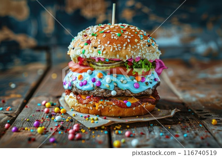 Colorful Burger with Candy Sprinkles on Rustic Wooden Table 116740519