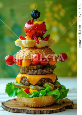 Gourmet Vegan Burger with Fresh Vegetables and Sesame Bun on Slate Plate 116740520