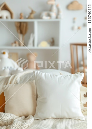 Cozy Minimalist Bedroom with White Pillows and Boho Decor Cozy Minimalist Bedroom with White Pillows and Boho Decor 116740523