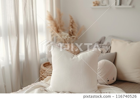 Cozy Minimalist Bedroom with White Pillows and Boho Decor Cozy Minimalist Bedroom with White Pillows and Boho Decor 116740526