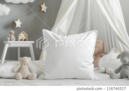 Cozy Nursery Decor with White Pillow and Plush Toys Cozy Nursery Decor with White Pillow and Plush Toys 116740527