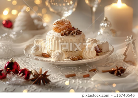 Elegant Holiday Dessert Setting with Illuminated Candlelight and Festive Decorations Elegant Holiday Dessert Setting with Illuminated Candlelight and Festive Decorations 116740546