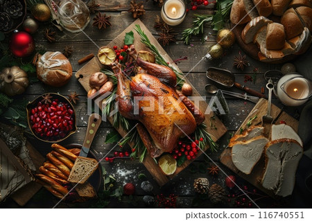 Festive Christmas Turkey Dinner with Golden Decorations and Holiday Lights 116740551