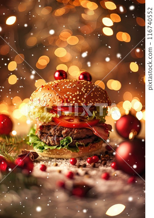 Festive Christmas Burger with Holiday Decoration and Bokeh Lights 116740552