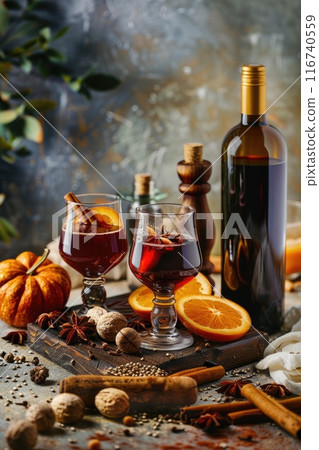 Autumn Still Life with Mulled Wine, Oranges, and Spices on Rustic Table 116740559