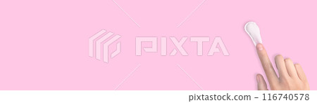 A woman's hand smears white cream. Swatch of white moisturizer. Cream texture, copy space pink background horizontal 116740578