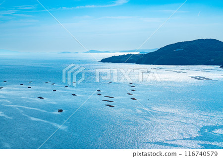 Scenery from Cape Manyo in early autumn: Ako Misaki and oyster rafts 3, Aioi City, Hyogo Prefecture Scenery from Cape Manyo in early autumn: Ako Misaki and oyster rafts 3, Aioi City, Hyogo Prefecture 116740579