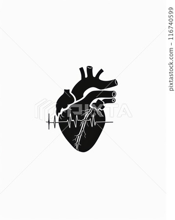 Black and white illustration of heart and EKG lines isolated on white background. 116740599