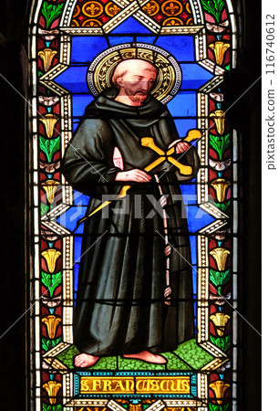 Saint Francis of Assisi, stained glass window in the Basilica di Santa Croce (Basilica of the Holy Cross) - famous Franciscan church in Florence, Italy 116740612
