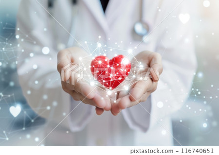 Medicine doctor, worker in white lab coat holding red heart shape in hand with medical icon network connections Medicine doctor, worker in white lab coat holding red heart shape in hand with medical icon network connections 116740651