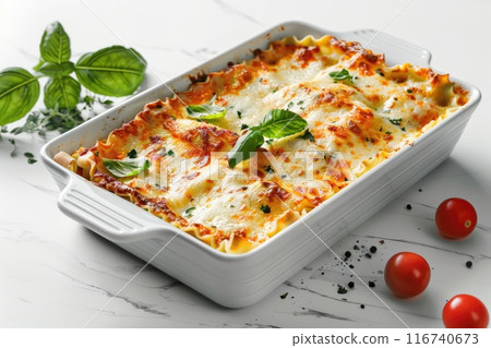 Fresh Homemade Lasagna with Basil Garnish and Cherry Tomatoes on Rustic Table 116740673
