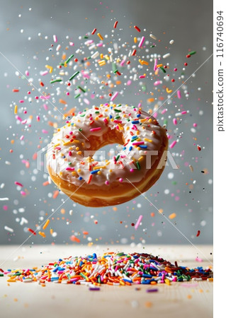 Floating Donut with Pink Icing and Sprinkles Against a Color Background 116740694