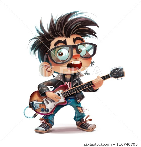 Energetic Cartoon Rockstar Playing Electric Guitar with Passion and Enthusiasm 116740703
