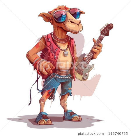 Cool Cartoon Camel Playing Electric Guitar with Sunglasses and Jacket 116740735