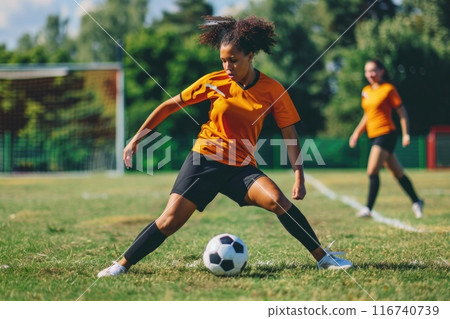 Female Soccer Player Dribbling on Field in Action Shot 116740739