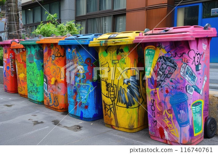 Colorful Recycling Bins in Urban Street for Waste Management 116740761