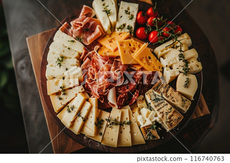 Cheese Charcuterie Board with Grapes, Cured Meats, and Crackers on Dark Wooden Background 116740763