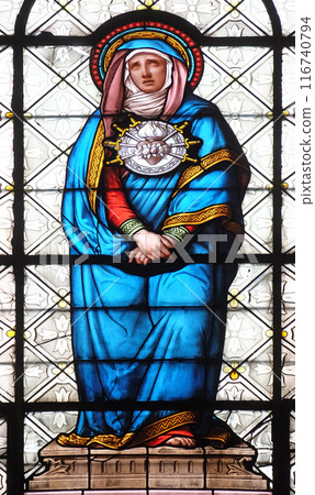 Seven Sorrows of the Virgin Mary, stained glass window in the Basilica of Notre Dame des Victoires in Paris, France Seven Sorrows of the Virgin Mary, stained glass window in the Basilica of Notre Dame des Victoires in Paris, France 116740794