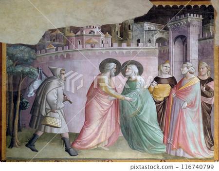 Meeting at the Golden Gate, detail from Stories of the Virgin, detail from Stories of the Virgin, fresco by Taddeo Gaddi, Bandini Baroncelli Chapel in the Basilica di Santa Croce in Florence 116740799