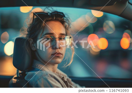 Focused Woman Driving Through City Streets at Night Focused Woman Driving Through City Streets at Night 116741093