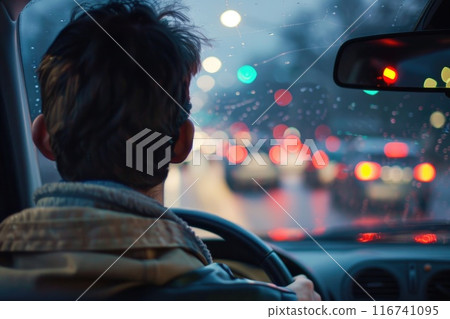 Evening Commute: Man Driving Through City with Blurred Lights in the Background Evening Commute: Man Driving Through City with Blurred Lights in the Background 116741095