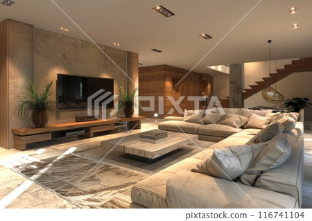 Luxury Modern Living Room with Large Sofa and Minimalist Decor Luxury Modern Living Room with Large Sofa and Minimalist Decor 116741104