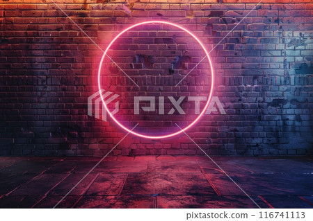 Neon Pink Oval Light on Brick Wall with Blue and Purple Gradient 116741113